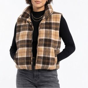 Stoosh Plaid Puffer Vest in Brown and Cream
